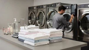 Interno di una lavanderia self-service con macchine professionali e controllo tecnico del dosaggio detergente